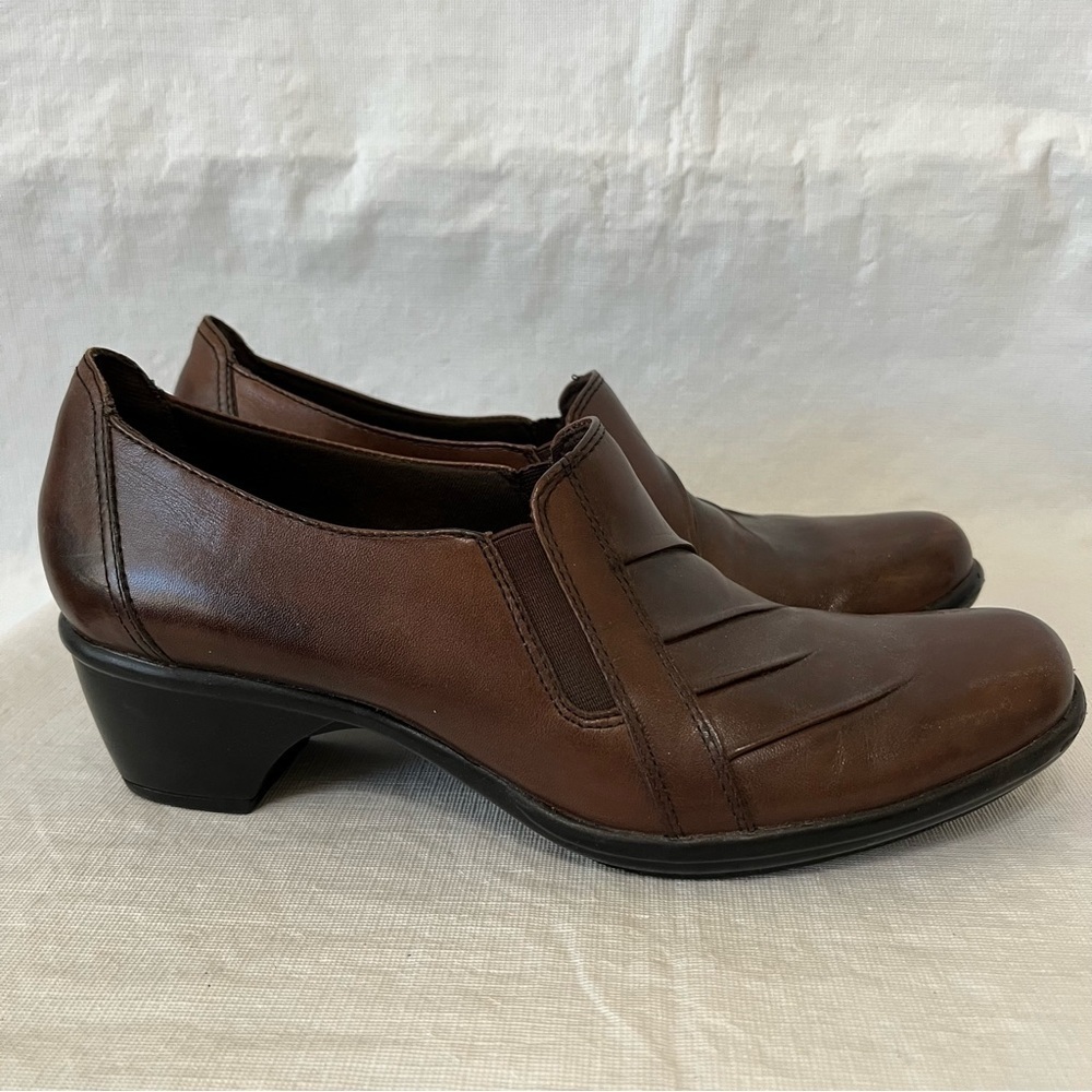 Clarks Brown Leather Slip On Heels
